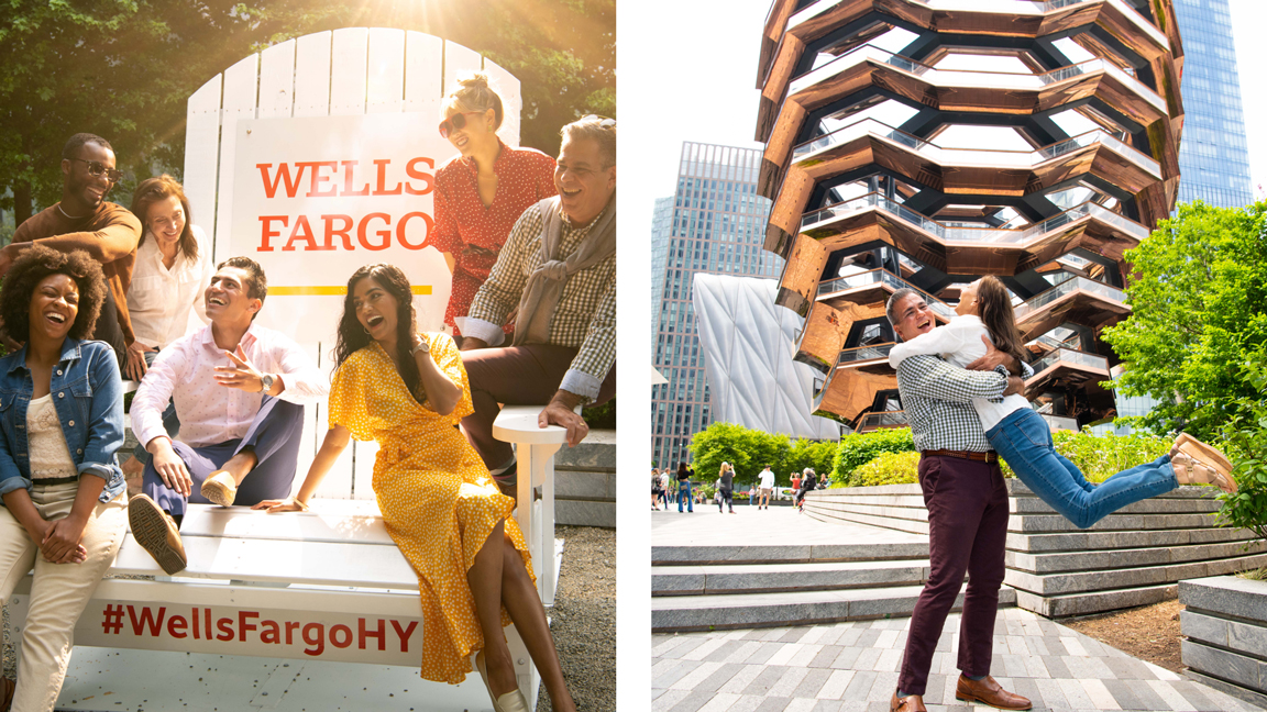 Friends gather for a photo on a large white rocking chair and a couple hugging at Hudson Yards