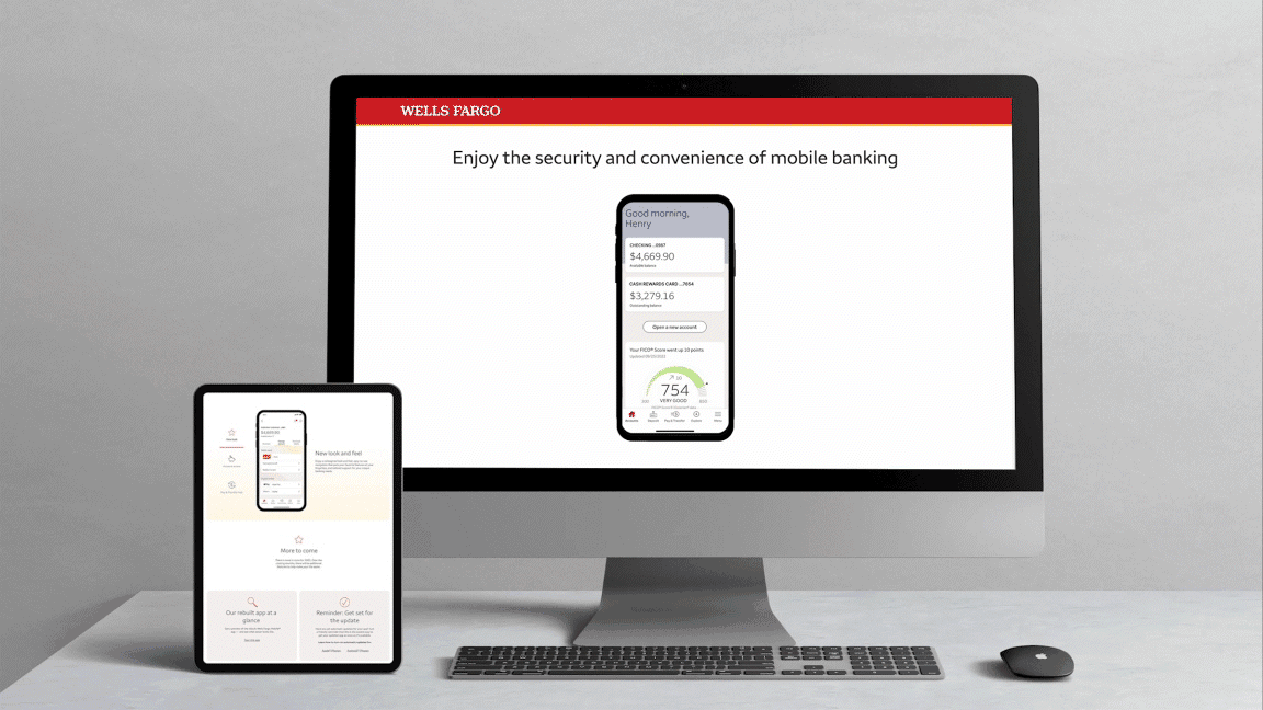 Wells Fargo Mobile App landing page displayed on a desktop and tablet