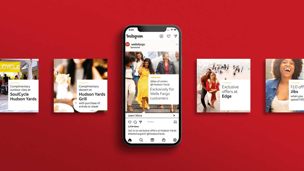 A mobile phone and series of screen shots featuring Wells Fargo Hudson Yard social posts