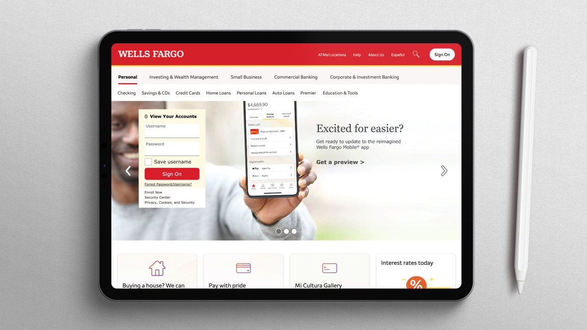 Tablet featuring a Wells Fargo homepage on-us ad for the mobile app