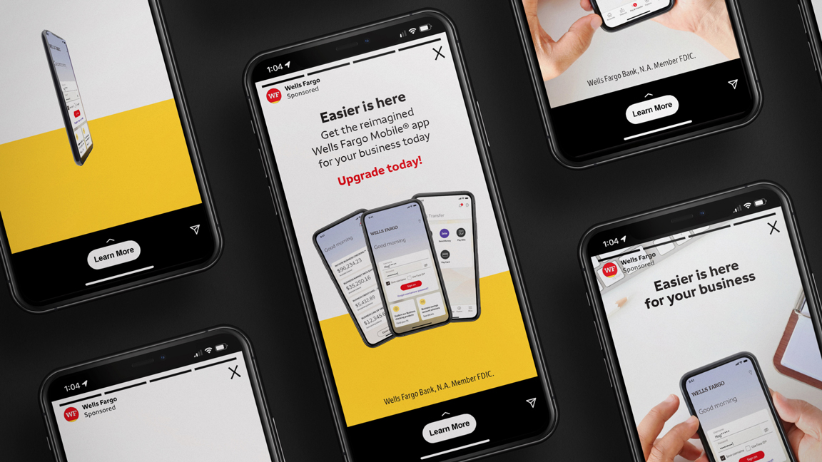 A series of mobile phones displaying social video content for the Wells. Fargo Mobile app